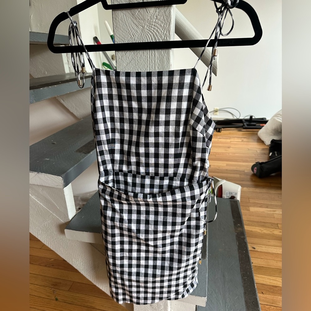 Black and White Gingham Wrap Dress with Tie Straps